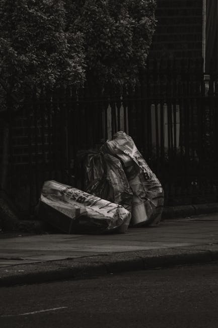 A large collection of rubbish and waste materials piled around a central waste bin on an urban street, with various types of discarded packaging, cardboard boxes, plastic bags, and loose papers spilling onto the paved pavement. The waste bin is grey with a blue lid, designated for mixed paper and cardboard, and is surrounded by additional black rubbish bags and a prominent red recycling bin. Behind the rubbish, a metal railing borders the sidewalk, with a parked silver car nearby. In the background, there is a commercial building wrapped in blue construction scaffolding, with signage for a fish bar and other shops visible at street level. The scene appears to reflect improper disposal or overflow of waste in an area serviced by independent collection, possibly implying a need for professional rubbish removal or on-site clearance, with the environment illuminated by natural daylight, emphasizing the mess and clutter typical of unmanaged rubbish accumulation.