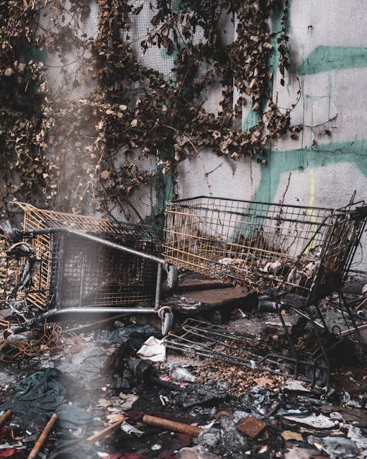 A large pile of mixed household and electronic waste is spread across a gravelly outdoor area beside a brick wall and a white building. The heap contains various materials including broken plastic chairs, metal frames, and damaged electronic appliances such as humidifiers and small appliances, all showing signs of disrepair. The items are scattered and haphazardly piled, with some objects overlapping others. A brown metal barrier with the inscription 'THE FINAL HEADING IN' leans against the waste, separating the debris from the open space. To the right, a man dressed in dark clothing and a brown hat stands observing the waste, surrounded by loose gravel and dirt that form the ground environment. The setting appears to be an industrial or construction site designated for rubbish sorting or disposal, with natural, diffuse lighting illuminating the scene, emphasizing the texture and disorder of the waste materials. This scene reflects the typical environment where private waste collection services may intervene to manage bulky or electronic waste collection efficiently, such as those provided by Rubbish Removal Brent in Brent.